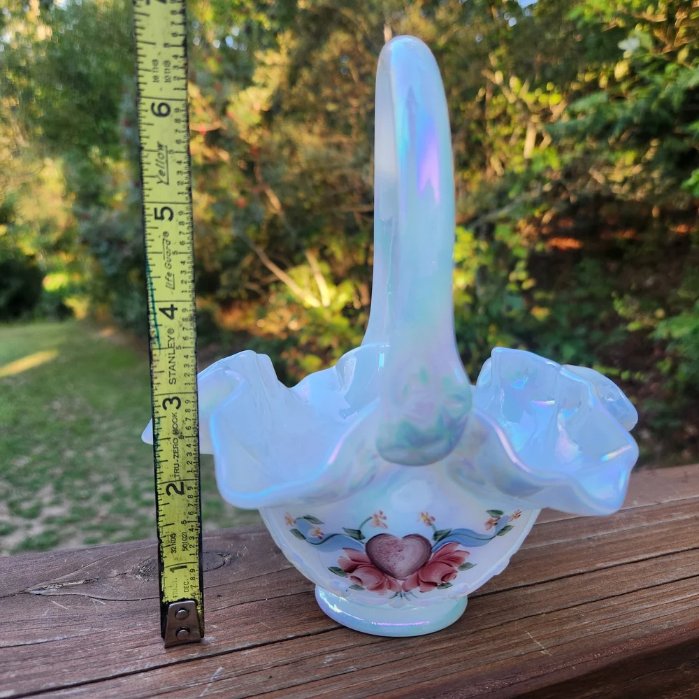 Fenton White Carnival Glass Opalescent Handpainted Basket Signed By Artist